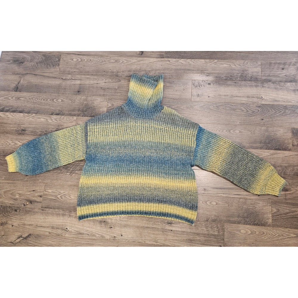 Women's XL Ombre Striped Turtleneck Sweater Yellow Blue Ribbed Knit Cozy Warm